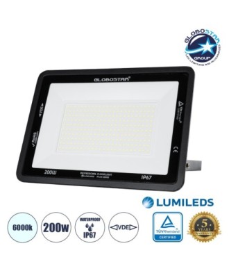 GLOBOSTAR® ATLAS 61431 Προβολέας LED 200W 25000lm 120° AC 220-240V Αδιάβροχο IP67 Ψυχρό Λευκό 6000K - Lumileds SMD Chip - TÜV Rheinland Certified - Μαύρο Ματ - Μ38 x Π4 x Υ28cm - 5 Χρόνια Εγγύηση